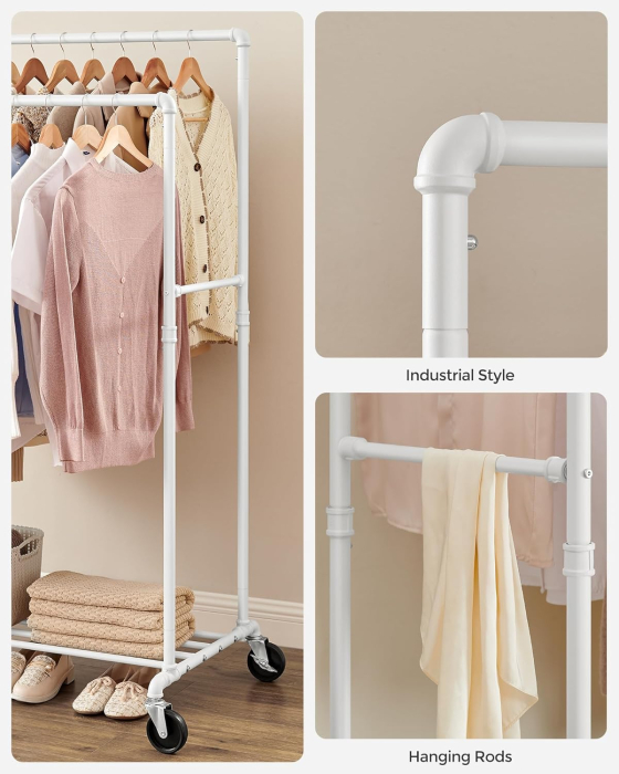 Suport haine cu 2 bare si raft, cu roti, cadru metalic, design industrial, 100x59x162 cm, alb [4]