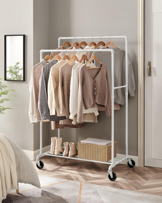 Suport haine cu 2 bare si raft, cu roti, cadru metalic, design industrial, 100x59x162 cm, alb [10]