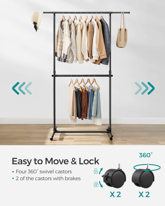 Suport haine cu doua bare, roti blocabile, inaltime reglabila, cadru metalic, 101x49x113-180 cm, negru [3]