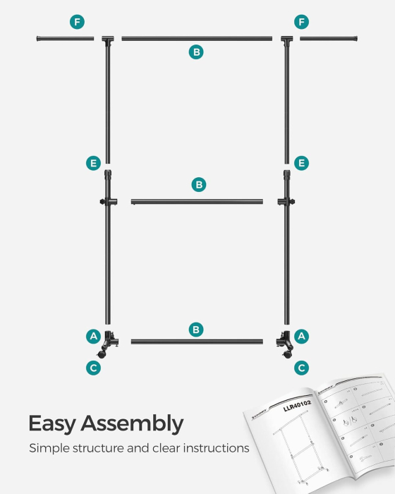 Suport haine cu doua bare, roti blocabile, inaltime reglabila, cadru metalic, 101x49x113-180 cm, negru [6]