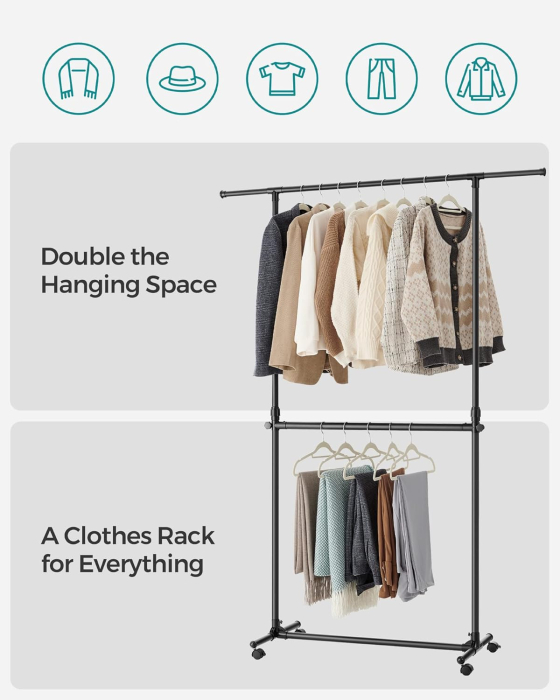 Suport haine cu doua bare, roti blocabile, inaltime reglabila, cadru metalic, 101x49x113-180 cm, negru [9]