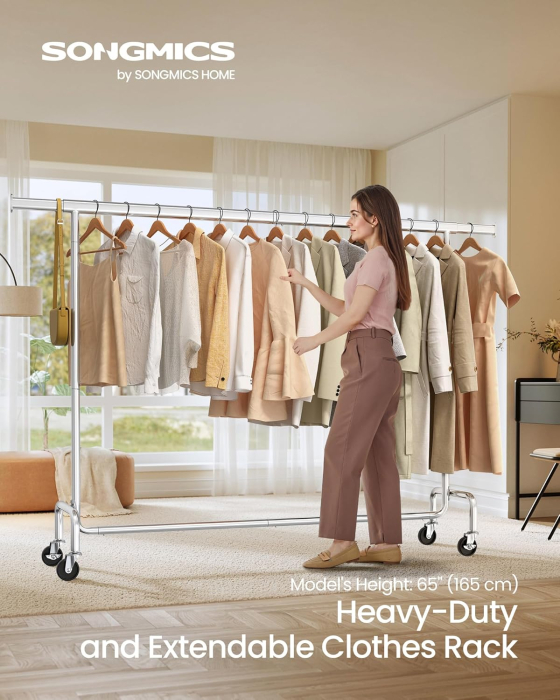 Suport haine cu roti, bara extensibila pentru umerase, structura metalica sarcina mare, 45x160-200x163 cm, argintiu [4]