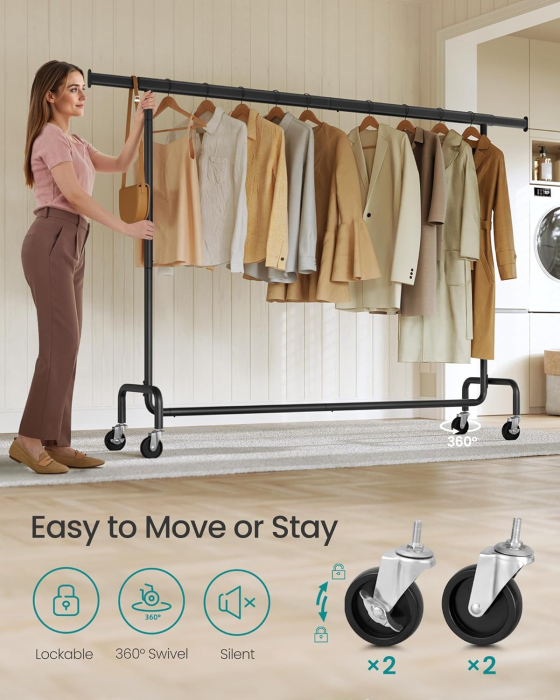 SONGMICS Suport haine cu roti, bara extensibila pentru umerase, structura metalica sarcina mare, 45x160-200x163 cm, negru [6]