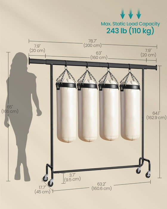 SONGMICS Suport haine cu roti, bara extensibila pentru umerase, structura metalica sarcina mare, 45x160-200x163 cm, negru [2]