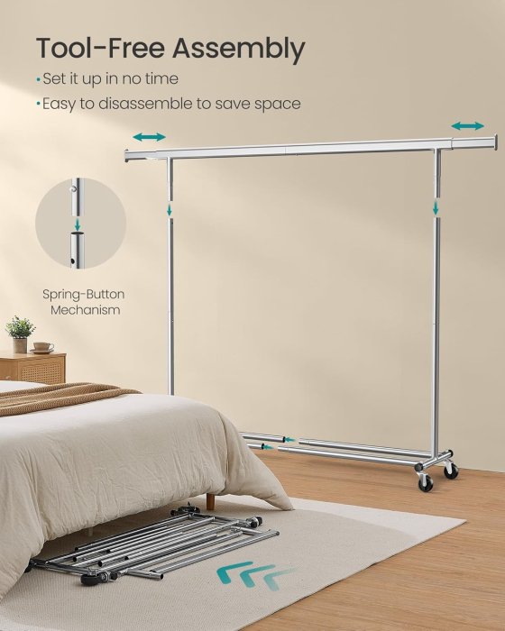 Suport haine cu roti, extensibil 160â€“200 cm, sarcina heavy duty otel 150 kg, roti blocabile, argintiu [2]