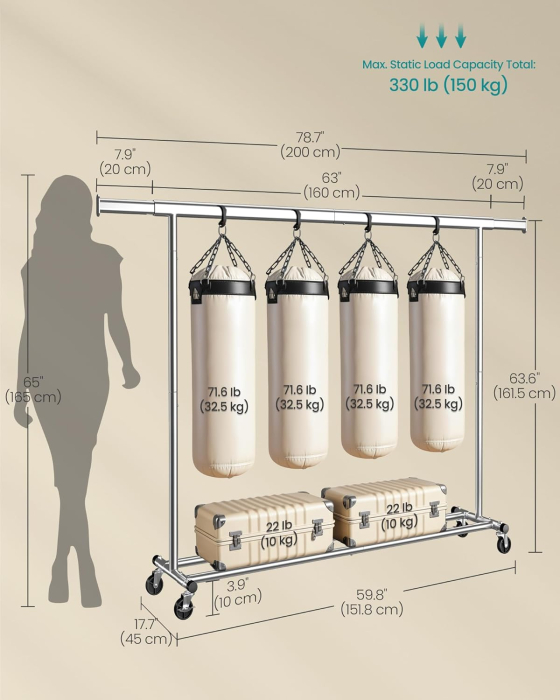 Suport haine cu roti, extensibil 160â€“200 cm, sarcina heavy duty otel 150 kg, roti blocabile, argintiu [3]