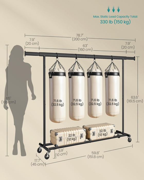 Suport haine cu roti, extensibil 160-200 cm, sarcina heavy duty otel 150 kg, roti blocabile, negru [7]