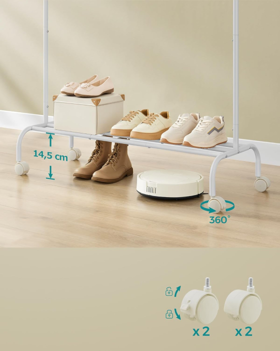 Suport haine metalic cu roti si raft inferior, stil industrial, 103x41x155 cm, alb [6]