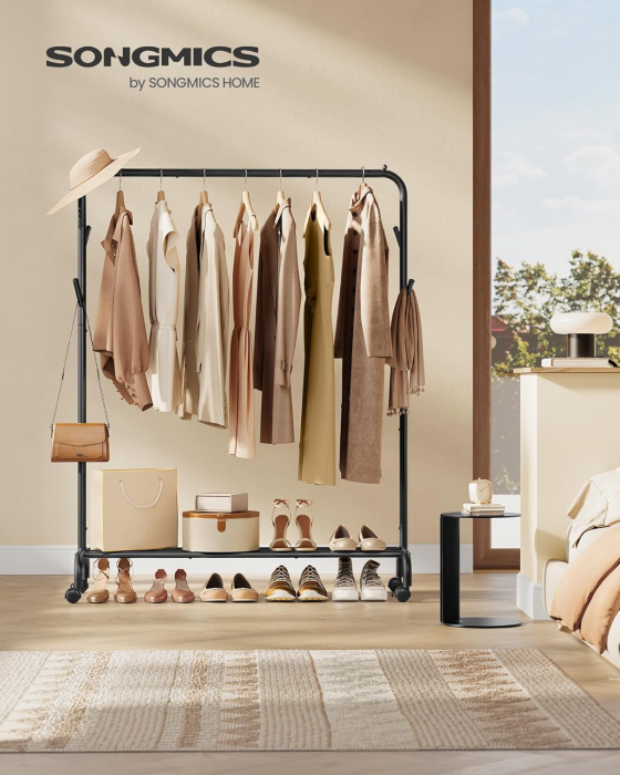 Suport haine metalic cu roti si raft inferior, stil industrial, 103x41x155 cm, negru [7]