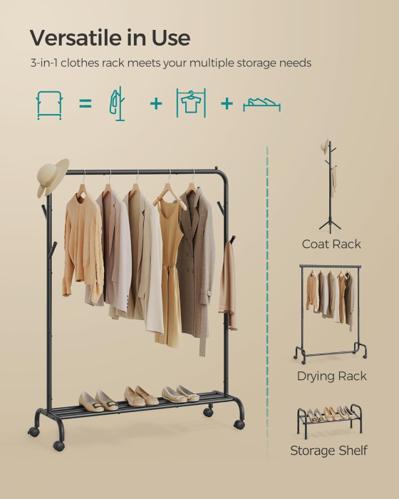 Suport haine metalic cu roti si raft inferior, stil industrial, 103x41x155 cm, negru [4]