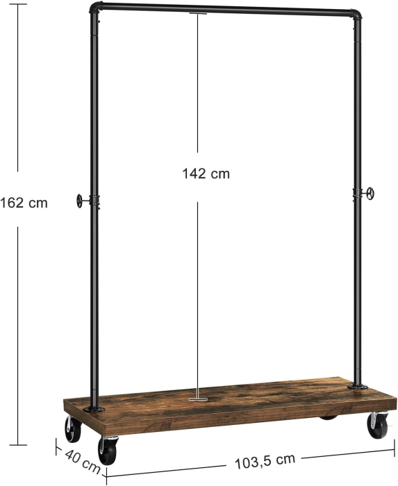SONGMICS Suport haine pe roti, cu bara si raft inferior, stil industrial, 104x40x162 cm, negru [2]