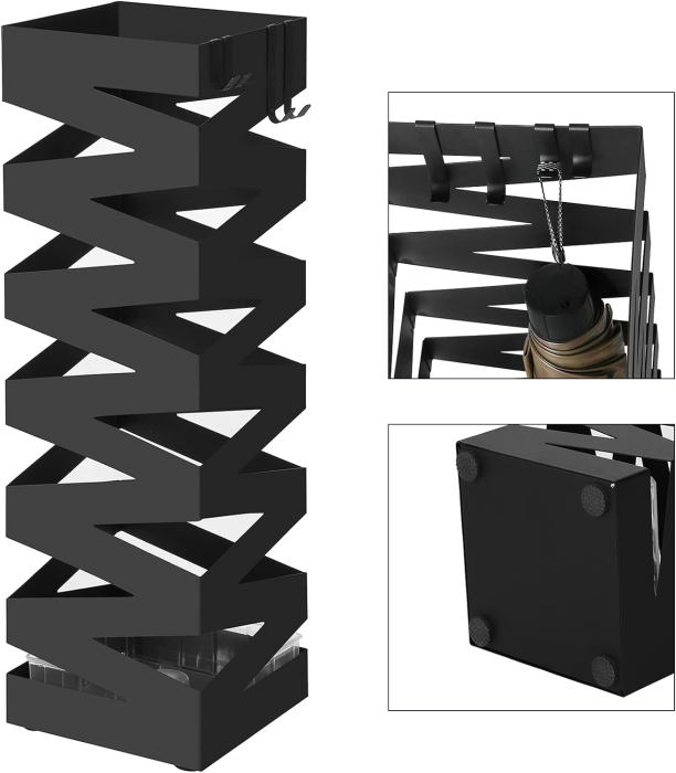 SONGMICS Suport metalic pentru umbrele, cu carlige si tava de picurare, 15x15x49cm, negru [7]