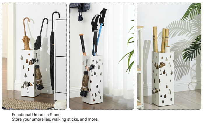 Suport metalic pentru umbrele, cu carlige si tava de picurare, 16x16x49cm, alb [3]