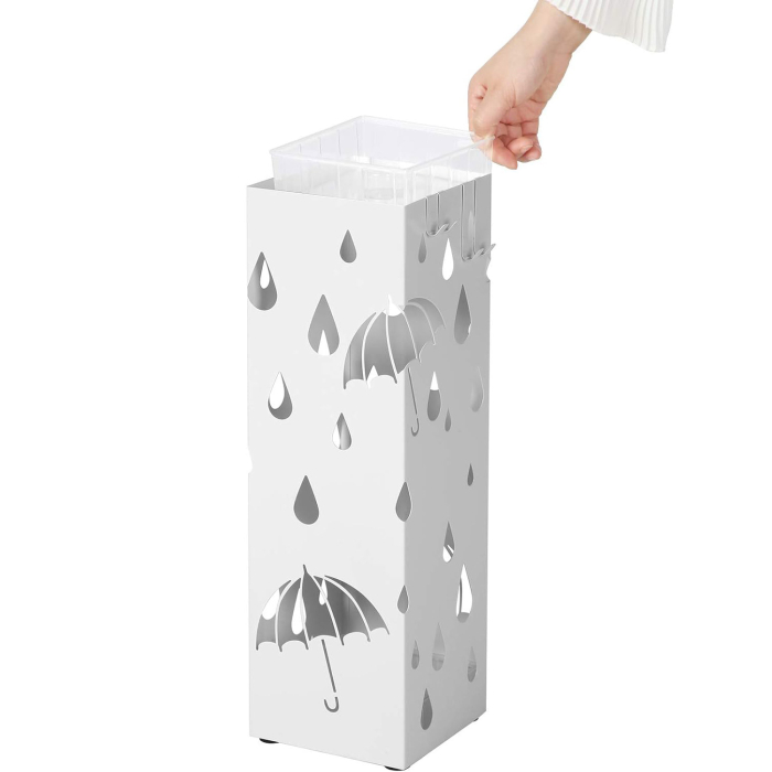 Suport metalic pentru umbrele, cu carlige si tava de picurare, 16x16x49cm, alb [9]