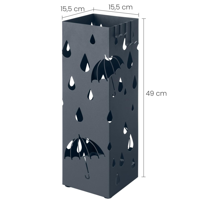 Suport umbrele metalic cu recipient detasabil apa, 4 carlige, decupaje moderne, 16x16x49 cm, antracit [8]