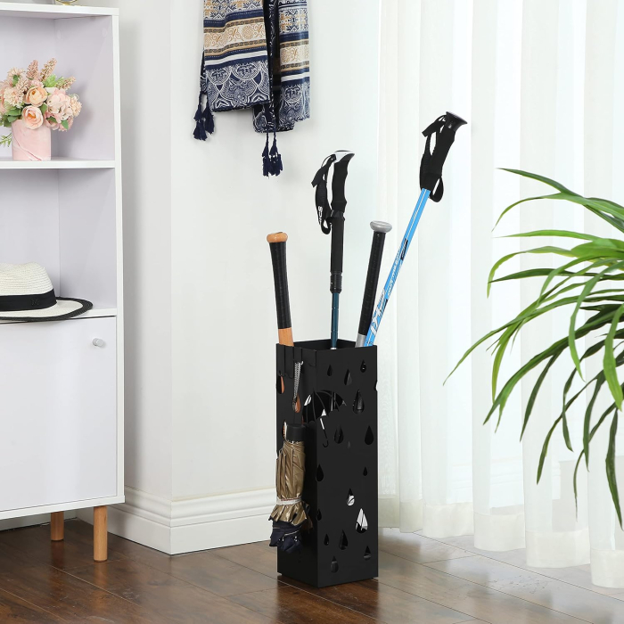 Suport umbrele metalic cu recipient detasabil apa, 4 carlige, decupaje decorative, 16x16x49 cm, negru [7]