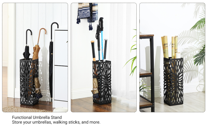 SONGMICS Suport metalic pentru umbrele, cu carlige si tava de picurare, 16x16x49cm, negru [4]