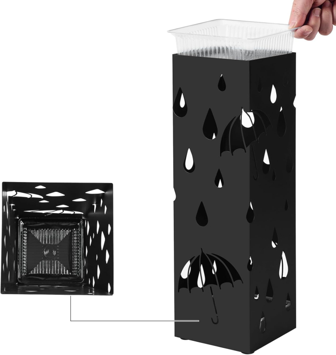 Suport umbrele metalic cu recipient detasabil apa, 4 carlige, decupaje decorative, 16x16x49 cm, negru [4]