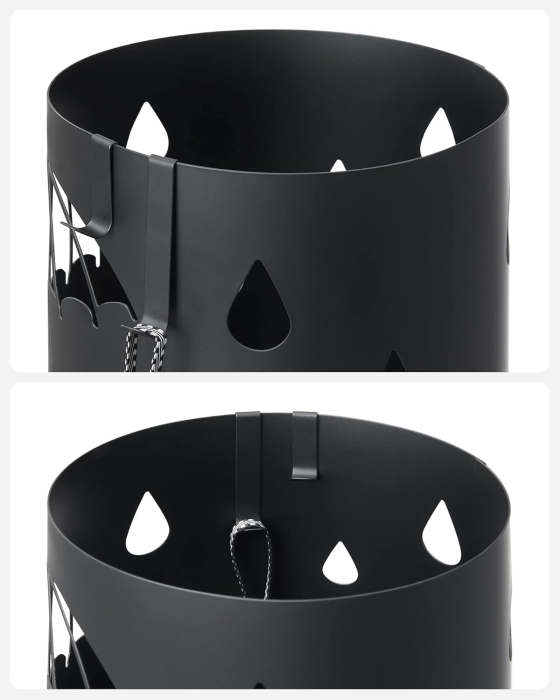 Suport umbrele metalic cu recipient apa, 4 carlige, decupaje tematice, compact, 17x17x41 cm, negru [3]