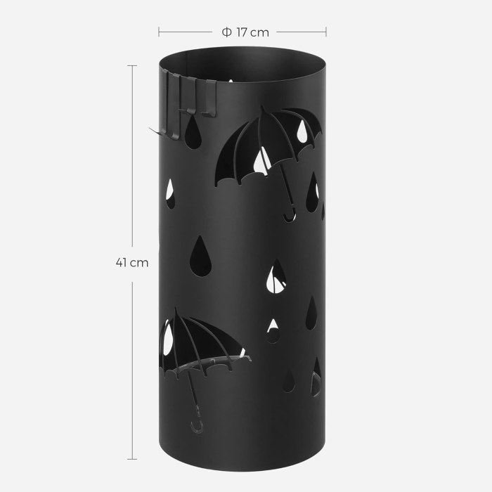 Suport umbrele metalic cu recipient apa, 4 carlige, decupaje tematice, compact, 17x17x41 cm, negru [2]