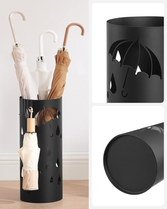 Suport umbrele metalic cu recipient apa, 4 carlige, decupaje tematice, compact, 17x17x41 cm, negru [4]