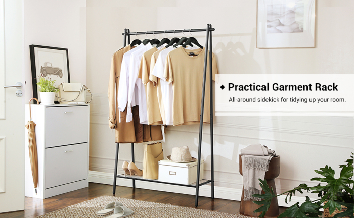 SONGMICS Suport pentru haine cu cadru din otel, cu sina de agatat si raft, 34x93x153cm, negru mat [3]