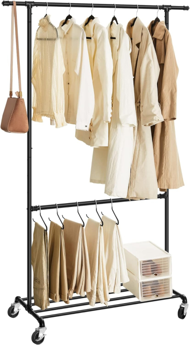 SONGMICS Suport pentru haine, cu raft si 2 sine de agatat, cadru metalic, cu roti, 130x49x198cm, industrial, negru [9]