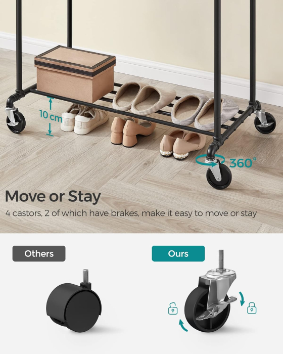 SONGMICS Suport pentru haine, cu raft si sine de agatat duble, cadru metalic, cu roti, 59x100x162cm, industrial, negru [6]