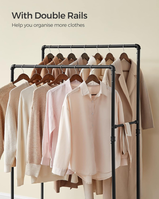 SONGMICS Suport pentru haine, cu raft si sine de agatat duble, cadru metalic, cu roti, 59x100x162cm, industrial, negru [3]