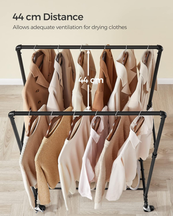 SONGMICS Suport pentru haine, cu raft si sine de agatat duble, cadru metalic, cu roti, 59x100x162cm, industrial, negru [5]