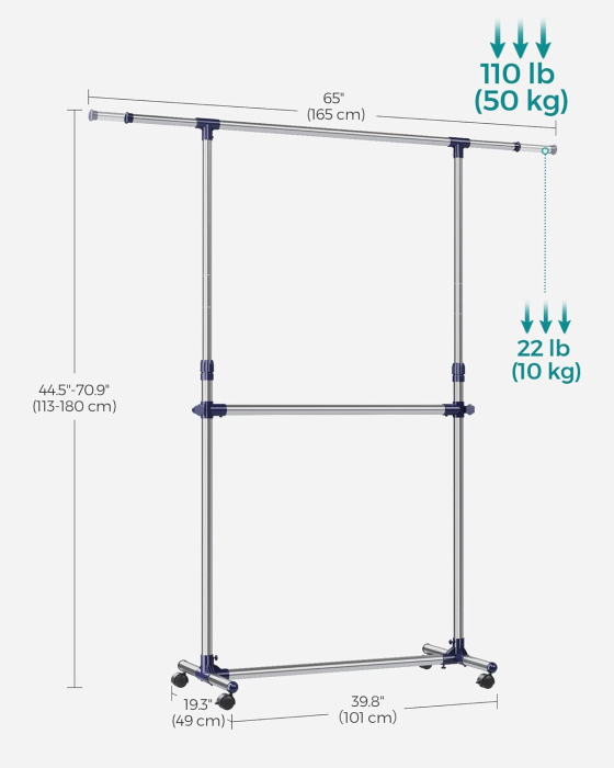 Suport pentru haine cu sina superioara extensibila 101-165 cm, pe roti, reglabil in inaltime 113-180 cm, argintiu [8]