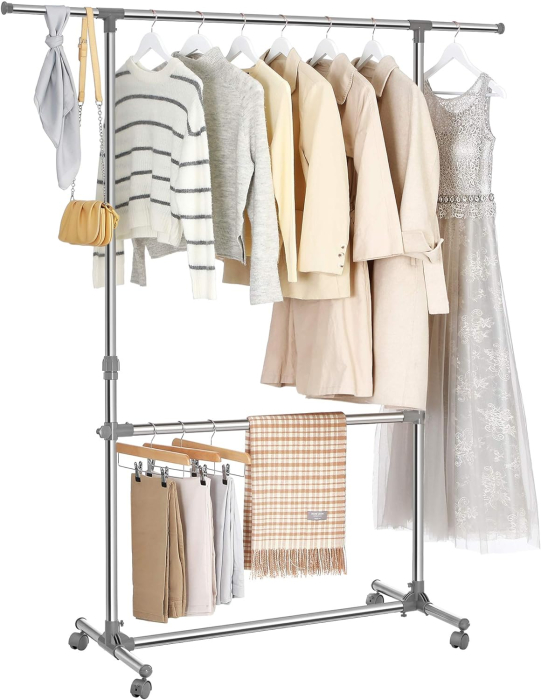 SONGMICS Suport pentru haine cu sina superioara extensibila, pe roti, reglabil in inaltime 113-198cm, argintiu [8]
