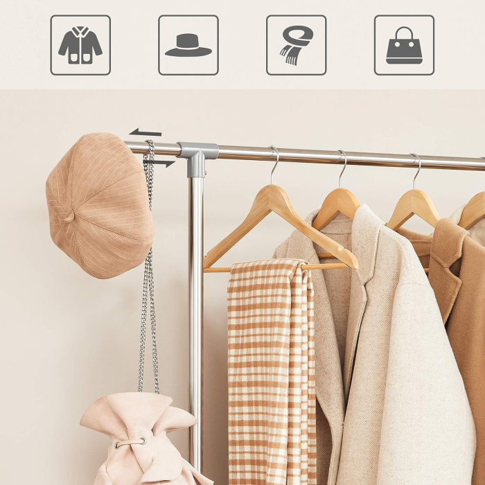 SONGMICS Suport pentru haine cu sina superioara extensibila, pe roti, reglabil in inaltime 113-198cm, argintiu [5]