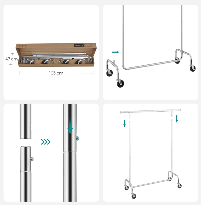 Suport pentru haine cu sina superioara extensibila, pe roti, reglabil pe latime, 45x(110-150)x160cm, inox argintiu [6]