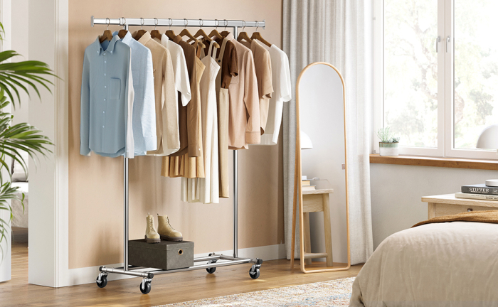 Suport pentru haine cu sina superioara extensibila, pe roti, reglabil pe latime, 45x(92-132)x160cm, inox argintiu [8]