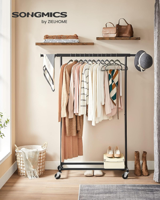 Suport pentru haine cu sina superioara extensibila, pe roti, reglabil pe latime, 45x(92-132)x160cm, negru [2]