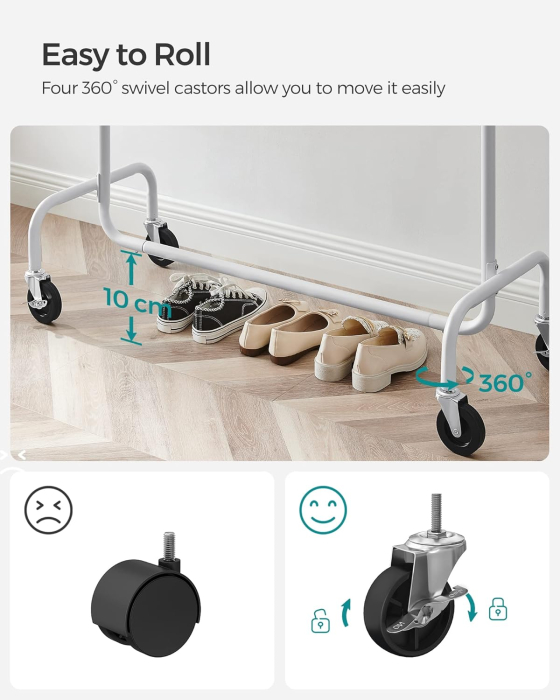 Suport pentru haine extensibil pe roti, bara reglabila 110-150 cm, stil industrial, 150x45x160 cm, alb mat [4]