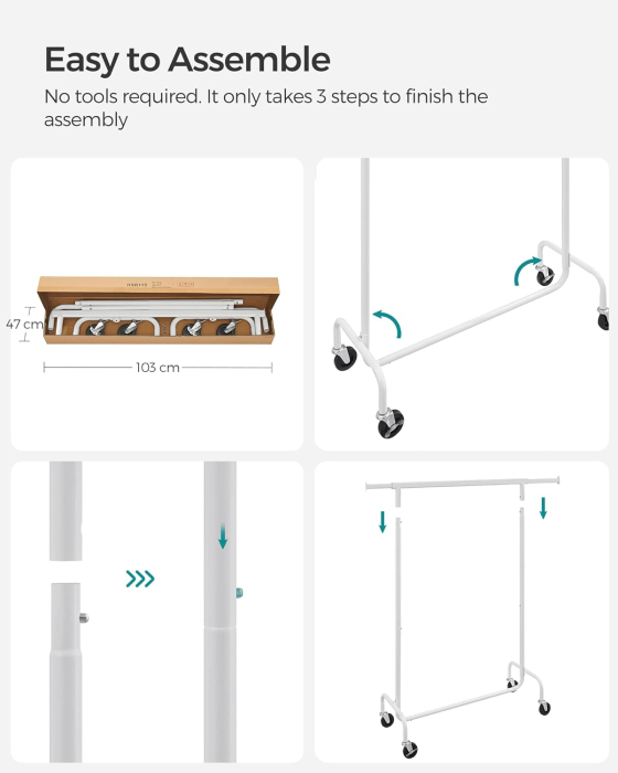 Suport pentru haine extensibil pe roti, bara reglabila 110-150 cm, stil industrial, 150x45x160 cm, alb mat [3]