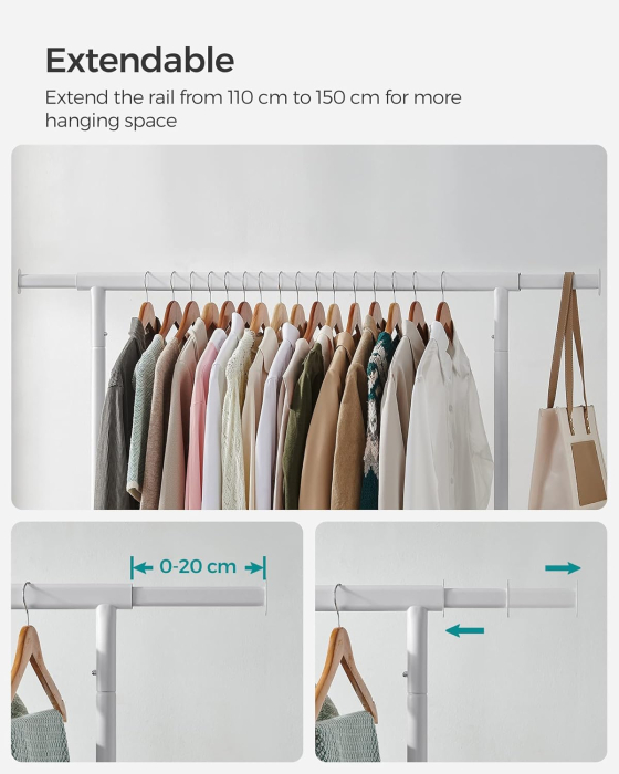 Suport pentru haine extensibil pe roti, bara reglabila 110-150 cm, stil industrial, 150x45x160 cm, alb mat [5]