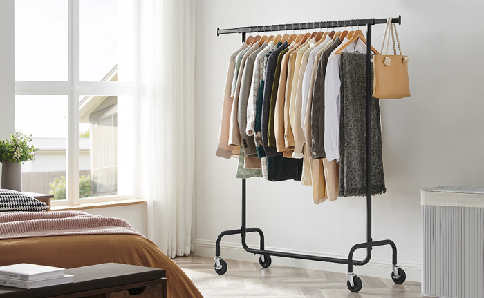 SONGMICS Suport pentru haine extensibil pe roti, bara reglabila 110-150 cm, stil industrial, 150x45x160 cm, negru [2]