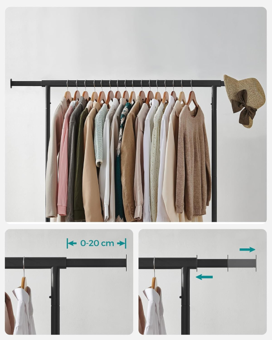 SONGMICS Suport pentru haine extensibil pe roti, bara reglabila 110-150 cm, stil industrial, 150x45x160 cm, negru [5]