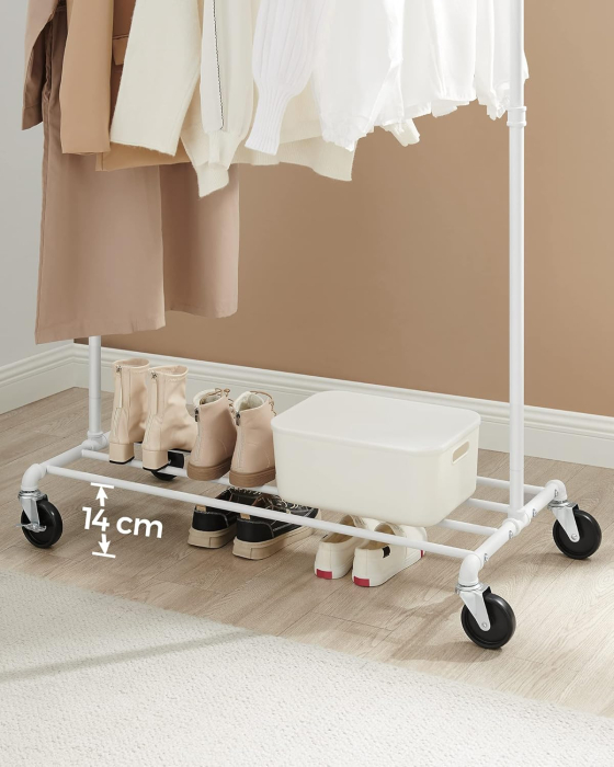 Suport pentru haine mobil cu raft inferior, cadru metalic, stil industrial, 100x49x163 cm, alb [7]