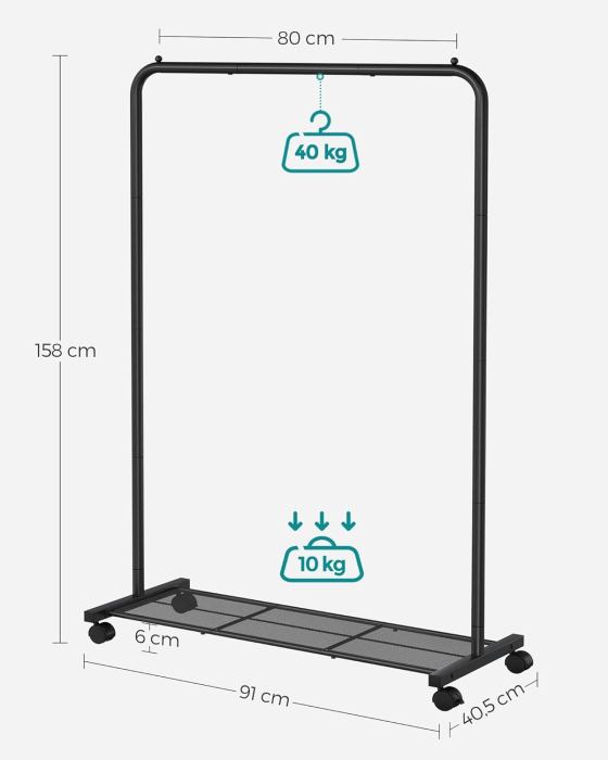 Suport pentru haine mobil cu roti, bara umerase si raft, stil industrial, 91x41x158 cm, negru [2]
