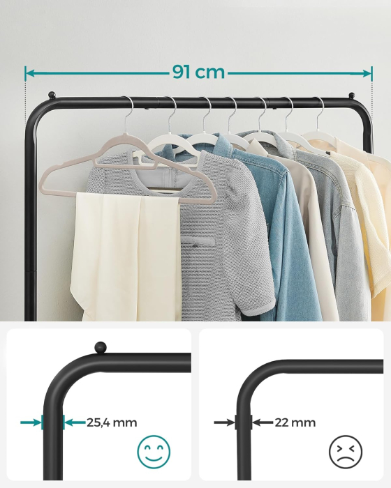 Suport pentru haine mobil cu roti, bara umerase si raft, stil industrial, 91x41x158 cm, negru [8]