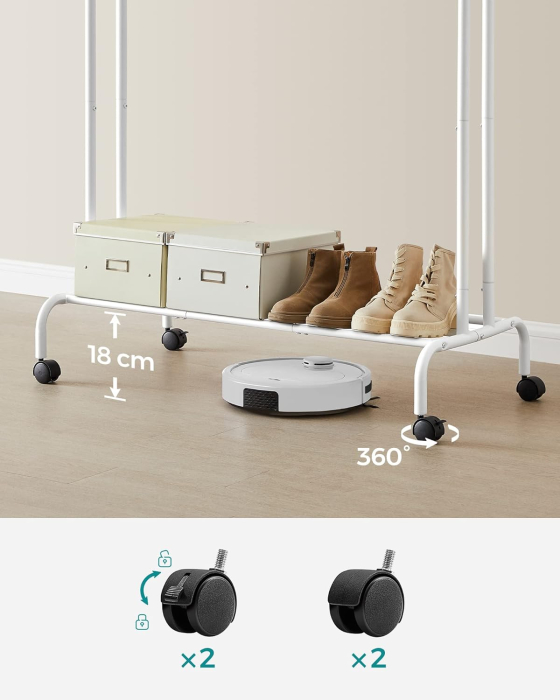 Suport pentru haine pe roti, cu polita, sina dubla, cadru metalic, sarcina 100kg, 53x104x155cm, alb [5]