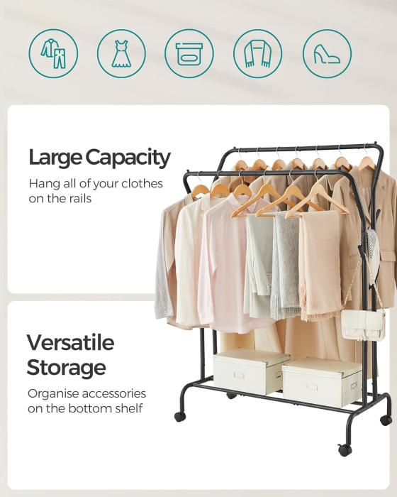 SONGMICS Suport pentru haine pe roti, cu polita, sina dubla, cadru metalic, sarcina 100kg, 53x104x155cm, negru [3]