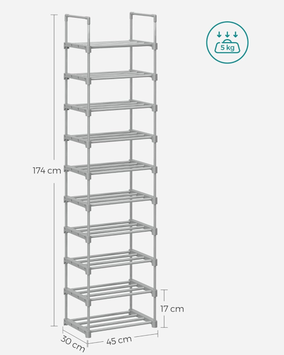 Suport pentru pantofi, cadru metalic cu 10 nivele, design personalizabil, 30x45x174cm, gri [3]