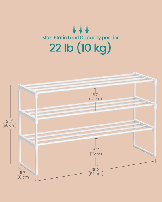 Raft pantofi 3 nivele stivuibil reversibil, structura metalica, capacitate 20 perechi, montaj fara unelte, 92x30x55 cm, alb [2]