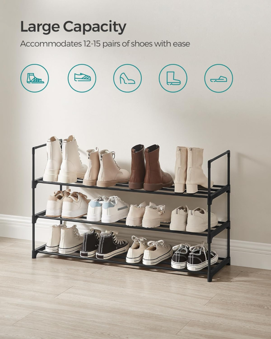 Suport pentru pantofi cu 3 nivele, structura metalica, pentru 12-15 perechi, 92x30x55cm, negru [4]