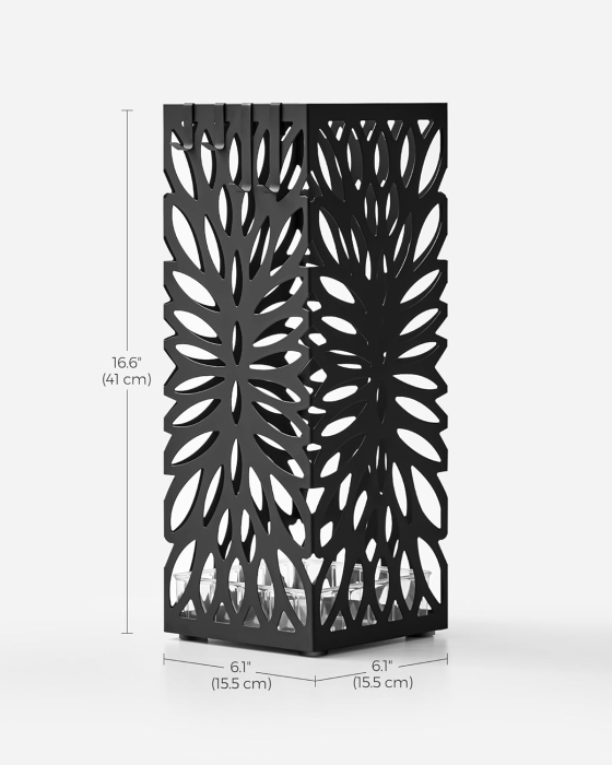 Suport umbrele metalic cu recipient apa, 4 carlige, decupaje geometrice, otel si plastic, 16x16x41 cm, negru [2]